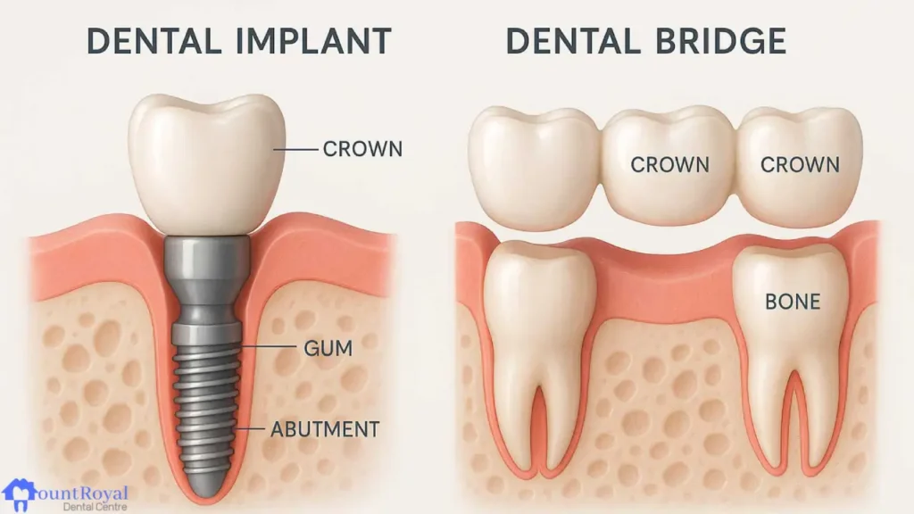 Diagram comparing dental implant and dental bridge